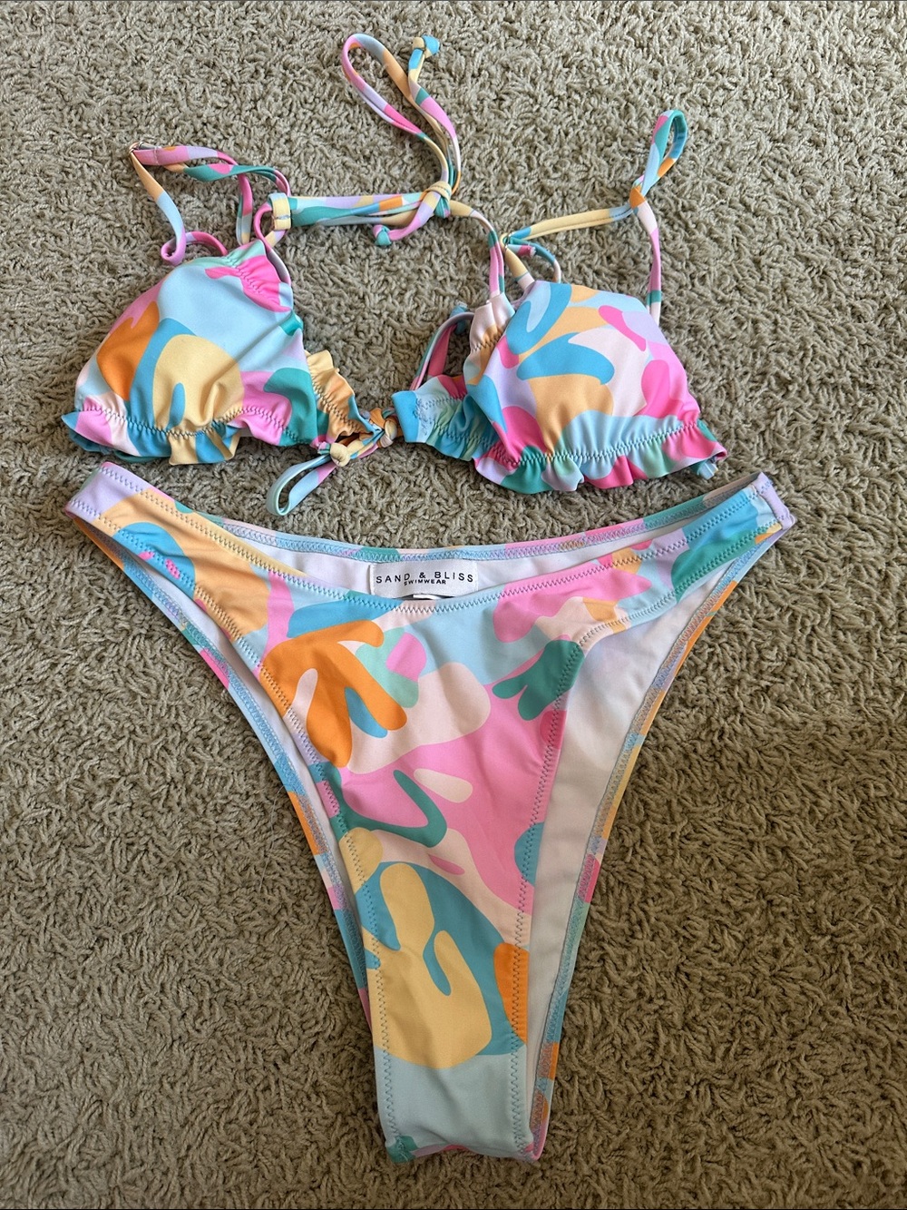 Sand & Bliss Pastel Abstract Tie-Back Bikini Set - Pink, Blue & Yellow